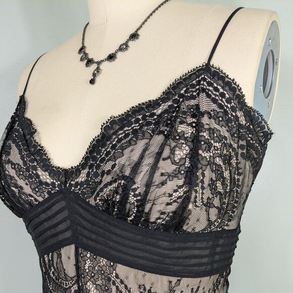 Bcbg Lace Silk Midi Dress 10 Black Tan Y2K Silk Babydoll Illusion Guest Cocktail - Picture 7 of 14